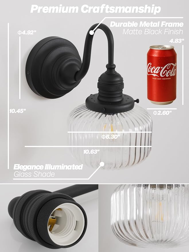 Vintage Wall Sconce Light, Black Bathroom Vanity Light with Hand-Blowing Clear Glass Farmhouse Hardwire Wall Mounted Lamp for Bathroom Mirror Living Room Bedroom Kitchen E26 Indoor