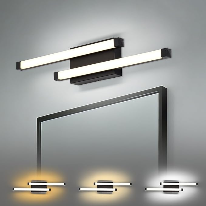 Bathroom Vanity Light Bar, 24 Inch Modern Black LED Vanity Light, 18W 3 CCT 3000K 4000K 6000K Dimmable Hardwired Bathroom Light Fixtures Over Mirror for Bathroom, Hallway, Powder Room, Washroom