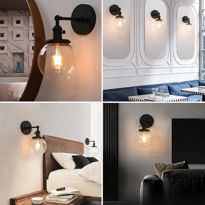 Phansthy Black Bathroom Light Fixture Single Industrial Wall Sconce with 5.9 Inches Globe Lampshade