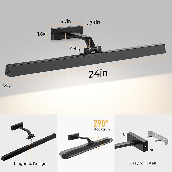 Afyuol Picture Lights for Wall, Battery Operated Picture Light 24in Gallery Light for Paintings CCT Dimmable Recharging Battery Wall Light with Remote Control for Living Room Gallery Dartboard
