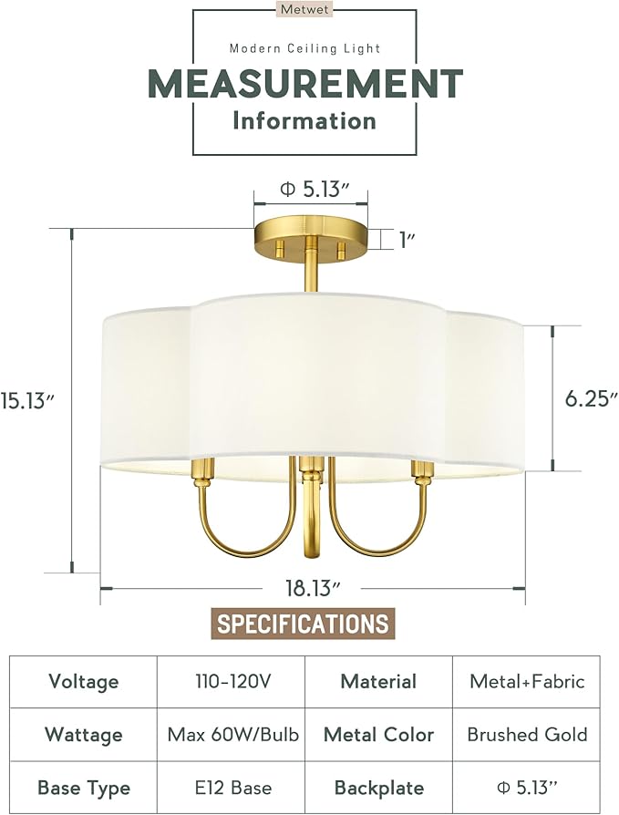 Gold Semi Flush Mount Ceiling Light, 18" 4-Light Light Fixtures Ceiling Mount with Fabric Shade in Quatrefoil for Kitchen Nursery Entryway Hallway Bedroom, SM179-BG-L
