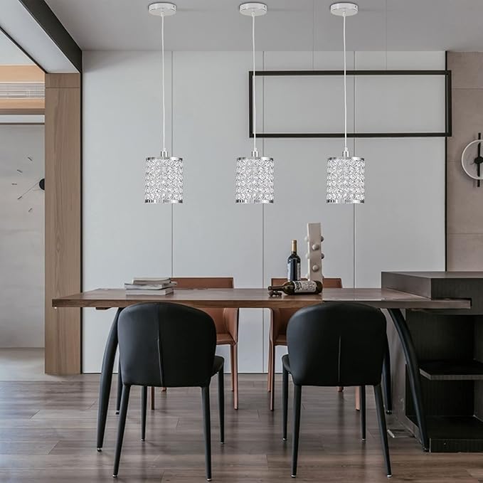 TFCFL 2 Pack Crystal Pendant Light, Modern Metal Ceiling Hanging Light Fixture with Adjustable Long Cord Chrome Finish for Kitchen Dining Room Bedroom
