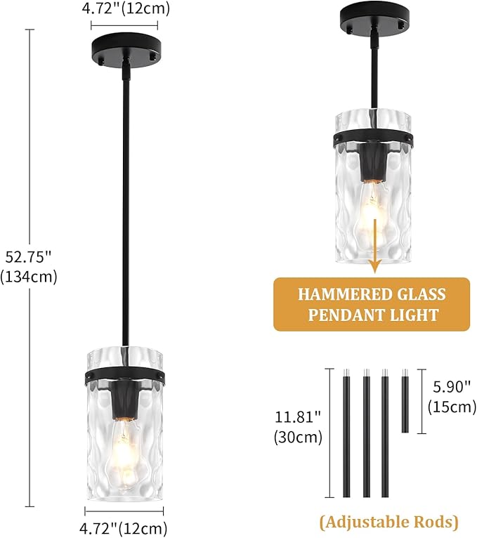 3 Pack Black Pendant Lights Kitchen Island, Modern Hammered Glass Kitchen Pendant Lighting Over Island Hanging Bathroom Light Fixtures Adjustable Pendant Light for Hallway Entryway Dining Room