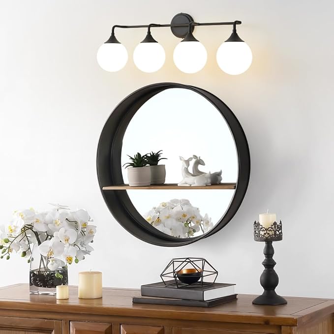 Black Bathroom Light Fixtures, Modern Vanity Lighting Over Mirror, Mid Century Brushed Brass Wall Sconce 4-Light with Milky White Glass Ball Shades