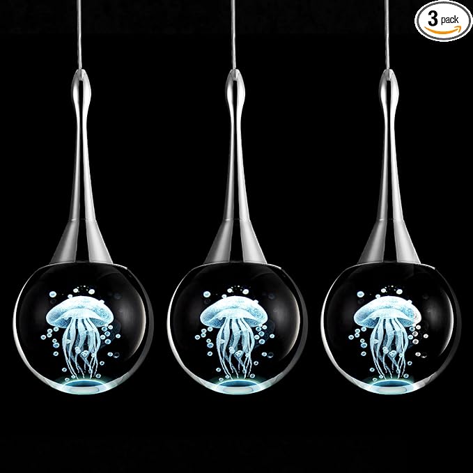 CHYING 3 Pack Mini Modern LED Pendant Lights Kitchen Island, Chrome 5W Crystal Globe Jellyfish Pendant Lighting for Dining Room Bathroom Bedroom Entry Foyer Bar, 6000K Cool White
