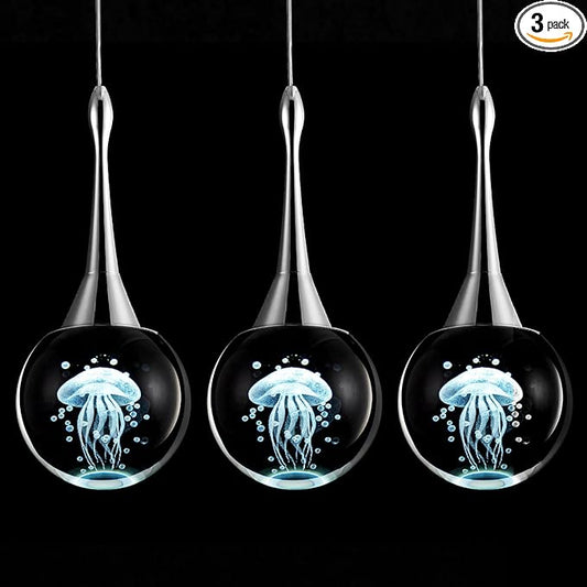 CHYING 3 Pack Mini Modern LED Pendant Lights Kitchen Island, Chrome 5W Crystal Globe Jellyfish Pendant Lighting for Dining Room Bathroom Bedroom Entry Foyer Bar, 6000K Cool White