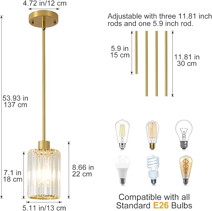 Crystal Pendant Lights, 3 Pack Brushed Gold Pendant Lights for Kitchen Island, Modern Mini Crystal Hanging Light Fixtures for Kitchen, Dining Room, Hallway, Foyer, Entryways