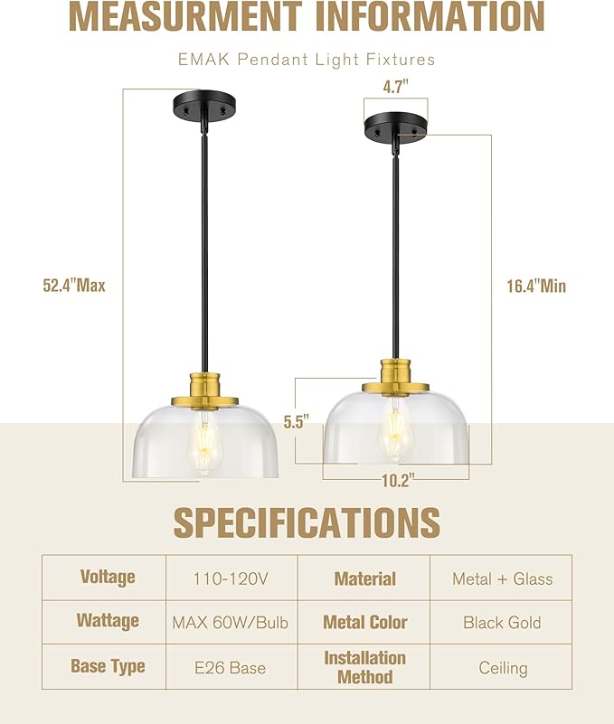 Emak Black and Gold Pendant Lights, 10 Inch Large Pendant Light Fixtures with Clear Glass Shade, Modern Farmhouse Island Lights for Kitchen, Dining Room, Bathroom, Bar, PL131-BKBGD-CG
