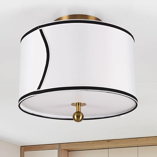 12.6" Drum-Shaped White Fabric Flush Mount Ceiling Light with 3-Light Fixture, Recessed Roll-in Installation, Ideal for Living Room, Bedroom, Bathroom, Farmhouse Foyer
