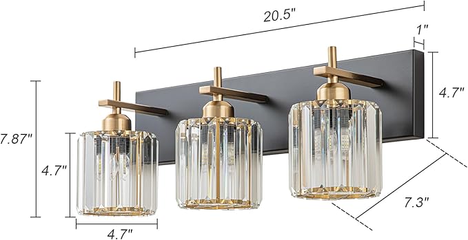 Modern Crystal Bathroom Vanity Lights, 3-Lights Black Gold Bathroom Light Fixtures Over Mirror, Crystal Vanity Light with Polished Gold Finish(Exclude Bulb)