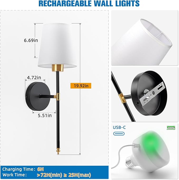 NIORSUN 19.9 inch Battery Operated Wall Sconce Set of 2,Gold-Black Rechargeable Wall Lights with 5200mAh Dimmable Detachable Bulbs and Remote,10 Colors Wireless Sconces for Bedroom Living Room Hallway