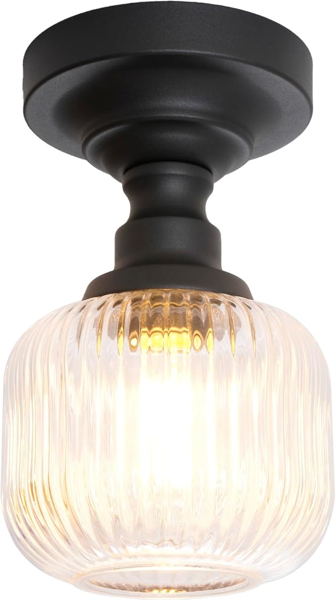 Modern Schoolhouse Semi Flush Mount Ceiling Light with Clear Ribbed Glass Lampshade, Industrial Close to Ceiling Light Fixture for Farmhouse Bedroom Entryway Stairs