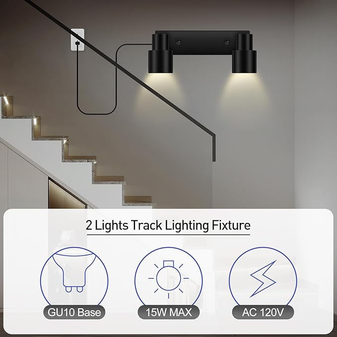 Plug in Track Lighting Fixtures Ceiling, Black Track Light LED, 2-Light Plug in Wall Lights with Cord, 2 Way Ceiling Spotlight, Rocker Switch, Rotatable Spotlight for Bedroom, Bulb Not Included