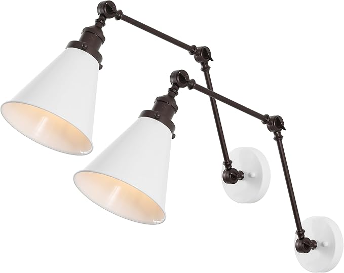 JONATHAN Y 7" White/Oil Rubbed Bronze Classic Industrial Metal Adjustable Arm LED Wall Sconce for Bedside Reading, Farmhouse Swing Arm Wall Lamp with Metal Shade, Hardwired (JYL7462C-SET2)