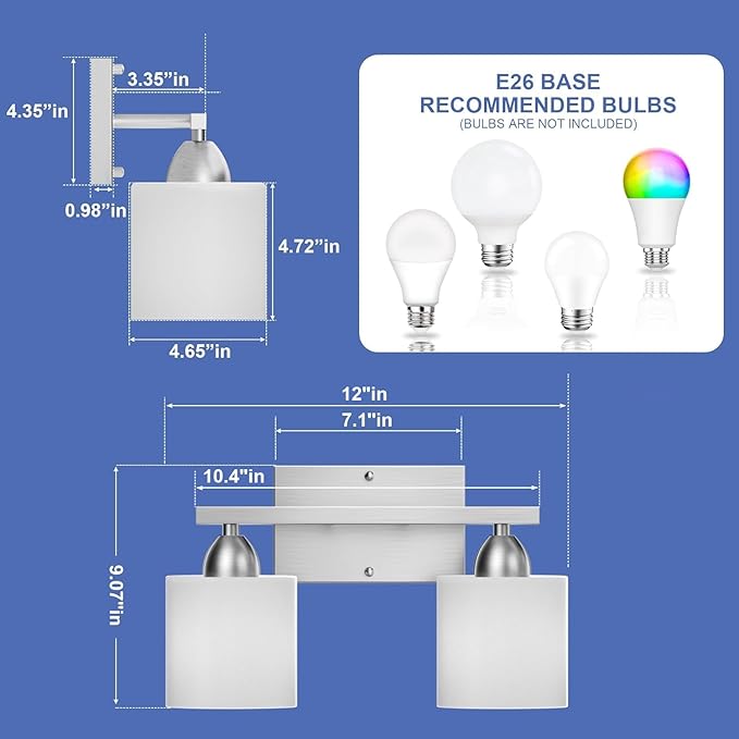 Bathroom Lighting Fixtures Over Mirror Brushed Nickel, Anti-Rust 2-Light Bathroom Vanity Lights, Modern 18Inches Wall Sconces E26 Base, Milky White Glass Shades, Bulbs Not Included