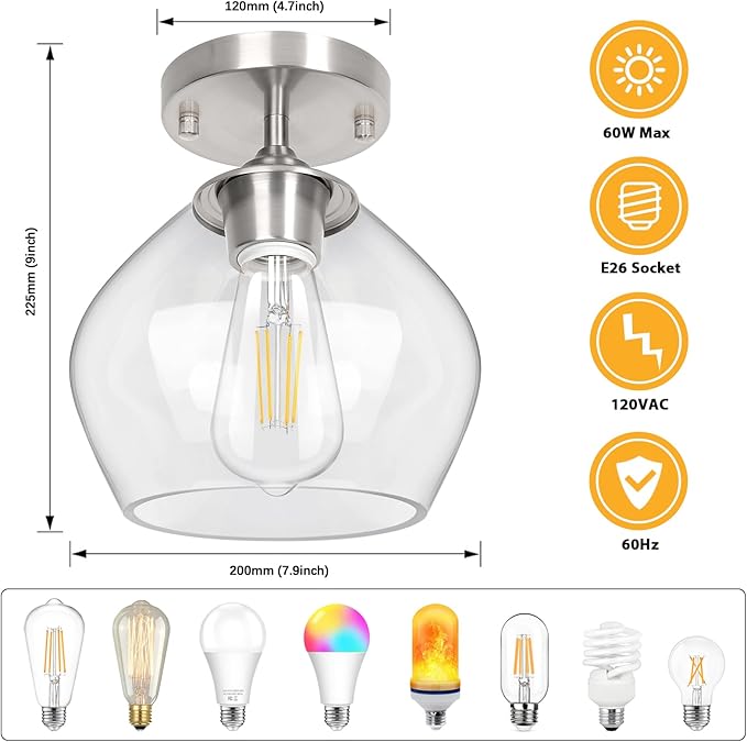 Modern Semi Flush Mount Ceiling Light with Clear Glass Shade, Industrial Close to Ceiling, Nickel Hanging Ceiling Light Fixture for Hallway, Bedroom, Dining Room, Entryway, Foyer