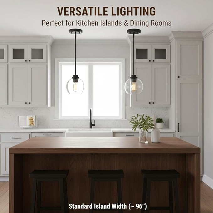 Globe Pendant Light – 7 Inch Clear Glass Modern Hanging Fixture, Black Finish Adjustable Height & Sloped Ceiling Compatible for Kitchen Island Dining Room Bedroom Hallway Farmhouse, 1 Pack