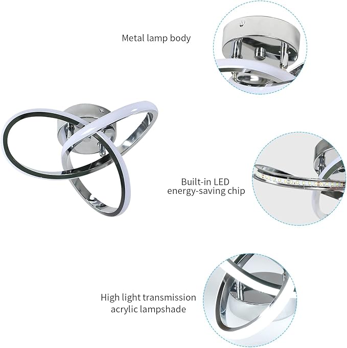 DELIPOP Modern Ceiling Light, 6500K Cool White Led Ceiling Light Fixture, Metal Curved Design Ceiling Lamp for Bedroom Hallway Bathroom Entryway Balcony Stair