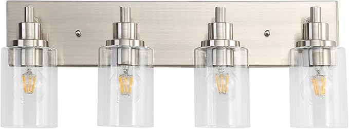 LOUSACE 4 Light Bathroom Vanity Light Brushed Nickel, Bathroom Lighting Fixtures with Clear Glass Shades Over Vanity Mirror, Modern Wall Sconces Fixtures for Bedroom Living Room, E26 Socket