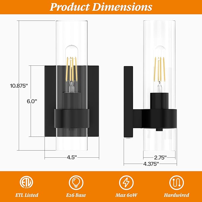 Zevluck Wall Sconces Set of 2, Matte Black Bathroom Vanity Light with Cylinder Clear Glass, Modern Hardwired Vanity Wall Lamps for Bathroom, Bedroom, Living Room, Stairs, Hallway
