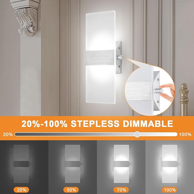 LIGHTESS Dimmable Wall Sconces Set of 2 with Dimmer Switch, Modern LED Wall Lamp 12W for Hallway Bedroom Living Room, Cool White, HS821-2