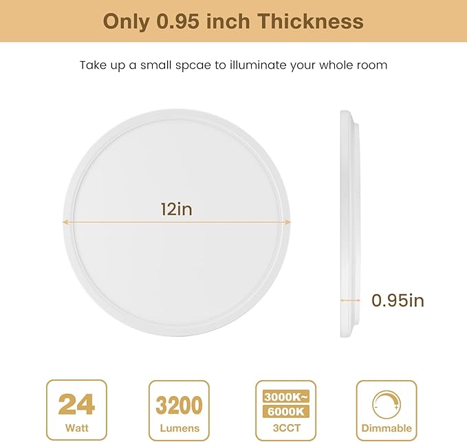6-Pack 3200LM 12Inch LED Ceiling Lights Flush Mount, Dimmable Ceiling Light Fixtures, 3000K 4500K 6000K CCT, 24W Super Slim Low Profile Modern Ceiling Light for Bedroom Bathroom Hallway Kitchen, White