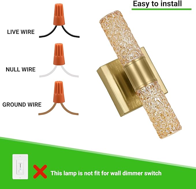 2 Pack Gold LED Wall Sconces, 10W 3000K Warm White Hardwired Wall Mounted Light Fixtures with Amber Crystal Glass, Modern Bathroom Vanity Lights for Mirror Living Room Bedroom Hallway