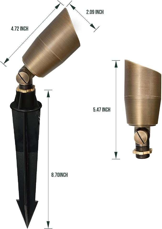GKOLED Solid Brass Low Voltage Compact Spotlight, 12V AC/DC Waterproof Outdoor Landscape Spot Lights for House Trees Garden Yard Lawn, Up Light with 5W 2700K MR16 Bulb, Stake Included (Pack of 2)
