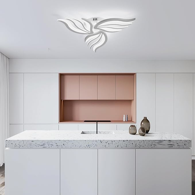 Becailyer LED Ceiling Light, 26.7" Dimmable Modern Flower Shape Ceiling Lamp, 30W Acrylic 3-Petals Flush Mount Ceiling Light Fixtures for Bedroom Dining Room Kitchen, White