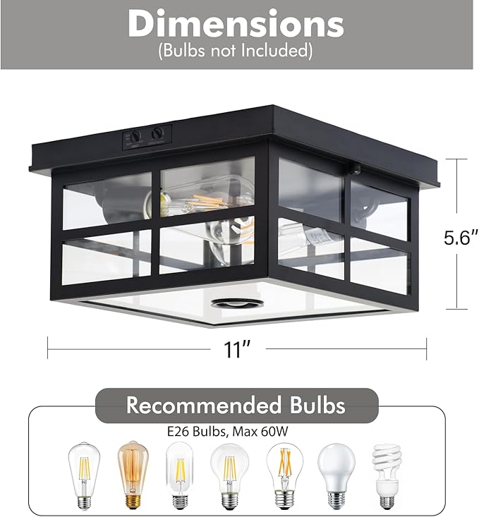 Vexagyle Outdoor Ceiling Light with Motion Sensor,2-Light Outdoor Ceiling Lights for Porch Flush Mount Motion Sensor,Dusk to Dawn Outdoor Light Fixture Ceiling Mount with Clear Glass for Porch,Garage