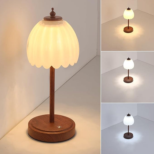 Shenmoyl Tulip Table Lamp with 5200mAh Battery & Touch Control, Small Cordless Table Lamp with 3 Colors, Rechargeable Battery Operated Table Lamps for Bedroom, Desk, Bedside (White-Walnut Color)