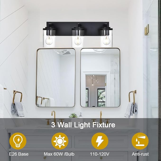 BONLICHT Modern 3-Light Vanity Light Fixture Black Bathroom Wall Light Over Mirror with Clear Glass Shade, Rustic Vintage Wall Sconce Lighting Farmhouse Wall Mounted Lamp for Powder Room Hallway