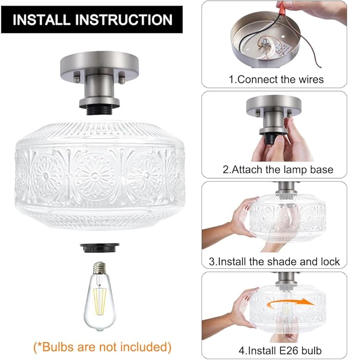 DSMJFU Semi Flush Mount Ceiling Light, Vintage Small Ceiling Light Fixture, Thickened Glass Hallway Light Fixture, Brushed Nickel Kitchen Ceiling Mount Lamp for Entry Way, Bedroom, Bathroom