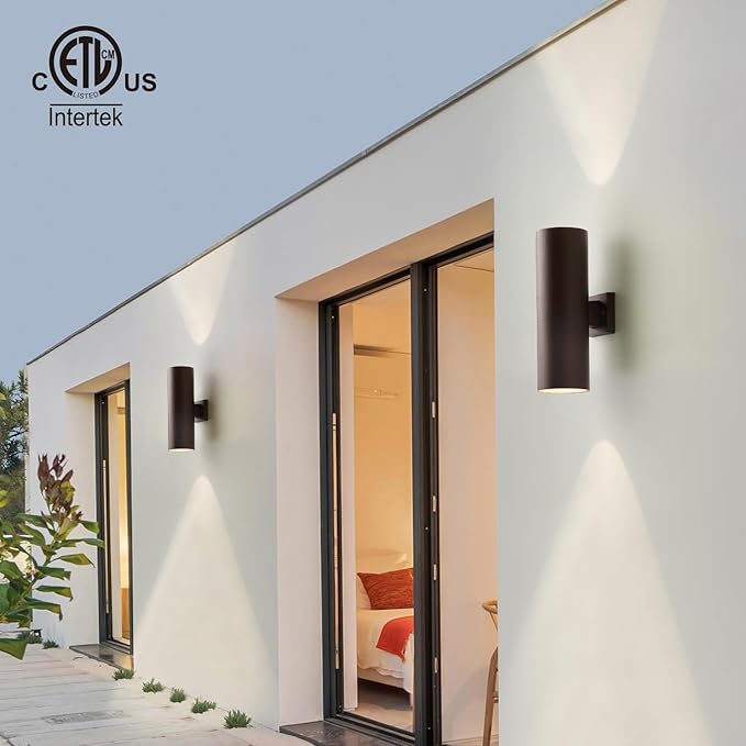mirrea 18" Modern Outdoor Porch Light Patio Light in 2 Lights with Aluminum Cylinder and Tempered Glass Cover Waterproof Wall Sconce 2 Pack (Oil Rubbed Bronze)