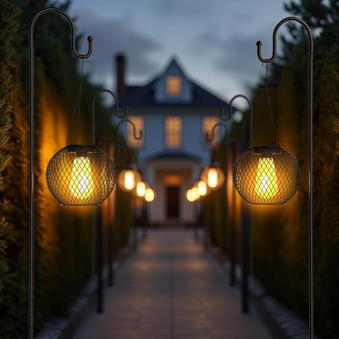 Modern Solar Mesh Globe Pendant Lights, LED Black Metal Hanging Spherical Lanterns with Edison Bulbs, Chain-Mounted, Indoor Outdoor (Black-4-Pack)