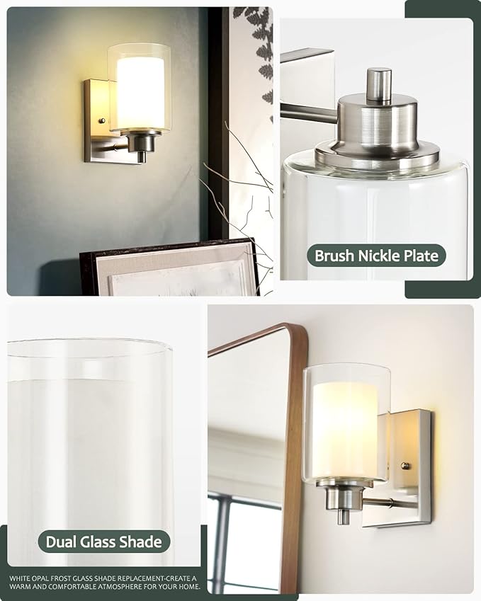 3 Pack Bath Vanity Light Fixtures 1-Light, Indoor Brushed Nickel Wall Light with Dual Glass Shade, Farmhouse Bathroom Wall Scone