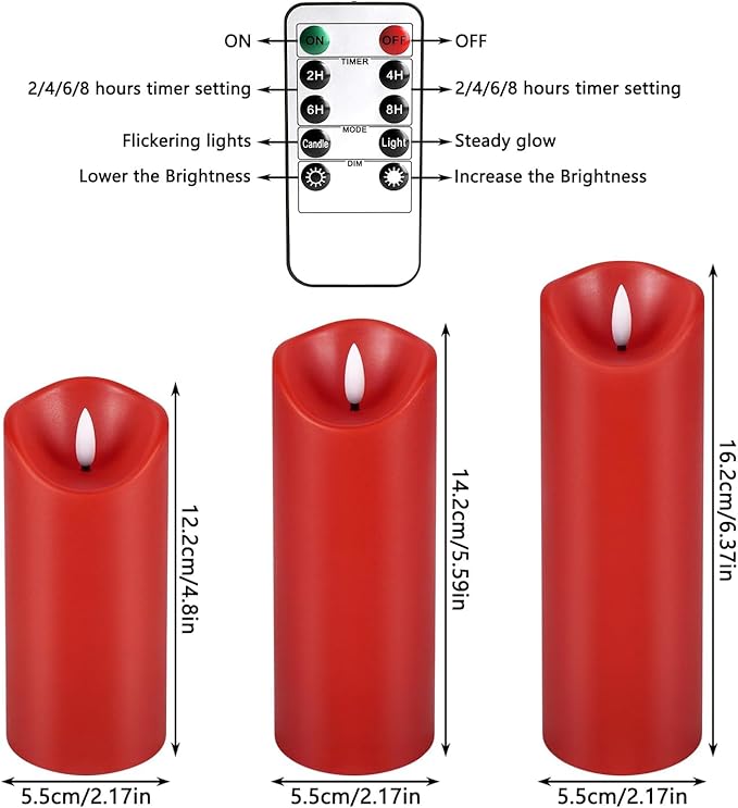 fclayvts 24 Pack Red LED Candles with Remote & Timer - Flameless Pillar Candles with 3D Flickering Flame, Battery Operated for Christmas Tree, Table Centerpieces, Party Decor