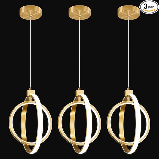 Modern LED Chandelier Gold Ring Pendant Light Fixtures 4000K Dimmable Height Adjustable Pendant Lighting for Dining Room Kitchen Island Bedroom Living Room Foyer（3-Pack）