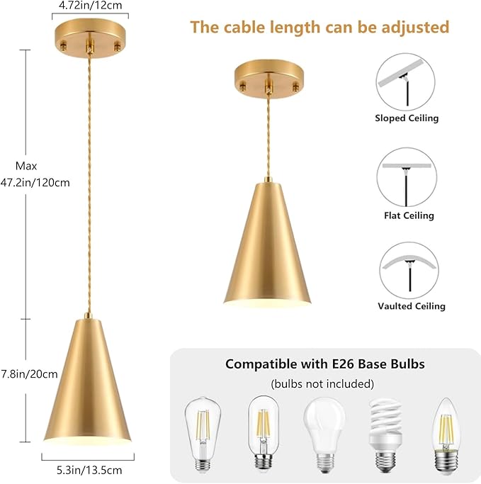 Gold Pendant Lights, 3 Pack Vintage Farmhouse Hanging Lamp Modern Brass Rustic Pendant Lighting Fixtures for Kitchen Island Dining Room Bedroom Hallway