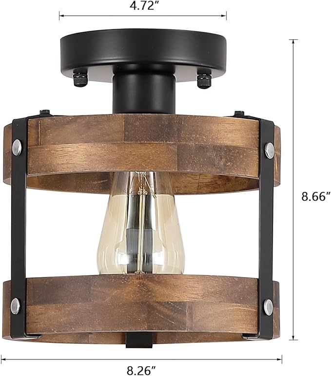 Rustic Farmhouse Wood Flush Mount Ceiling Light Fixture Oak Wood and Metal Round Cage Small Semi Flush Mount Ceiling Light for Kitchen Hallway Entry Bedroom Country Farmhouse, Black