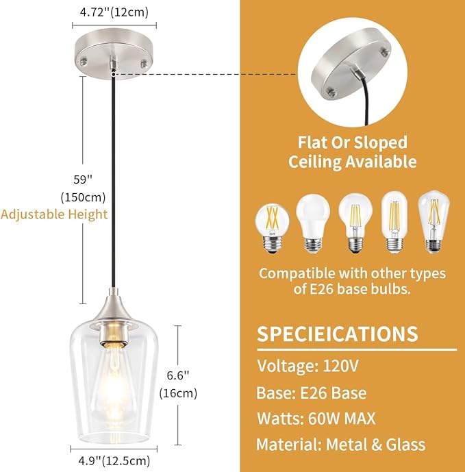 3 Pack Brushed Nickel Pendant Lights Kitchen Island, Modern Glass Pendant Lighting Over Island, Kitchen Hanging Light Fixtures Over Sink Adjustable Mini Pendant Lights for Bathroom Dining Room Hallway