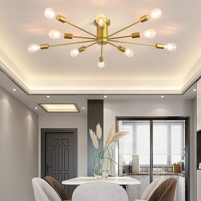Garwarm 10 Lights Modern Sputnik Chandelier Gold Industrial Ceiling Lamp Mid Century Semi Flush Mount Ceiling Light Fixture for Kitchen Dining Room Living Room Bedroom Foyer Lighting