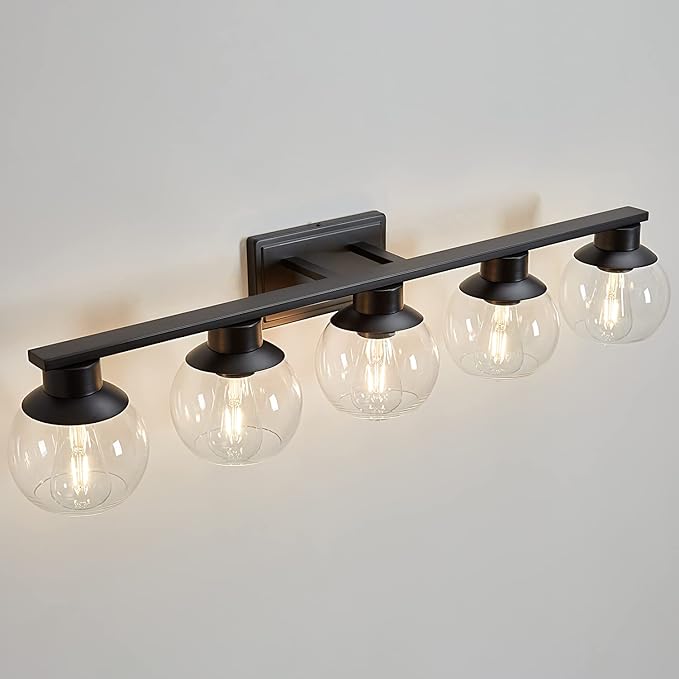 5-Lights Black Bathroom Vanity Lights, Modern Bathroom Lighting Fixtures with Globe Glass Shade, 37in Matte Black Wall lamp for Bath Over Mirror Kitchen Cabinet Bedroom Hallway Living Room Farmhouse