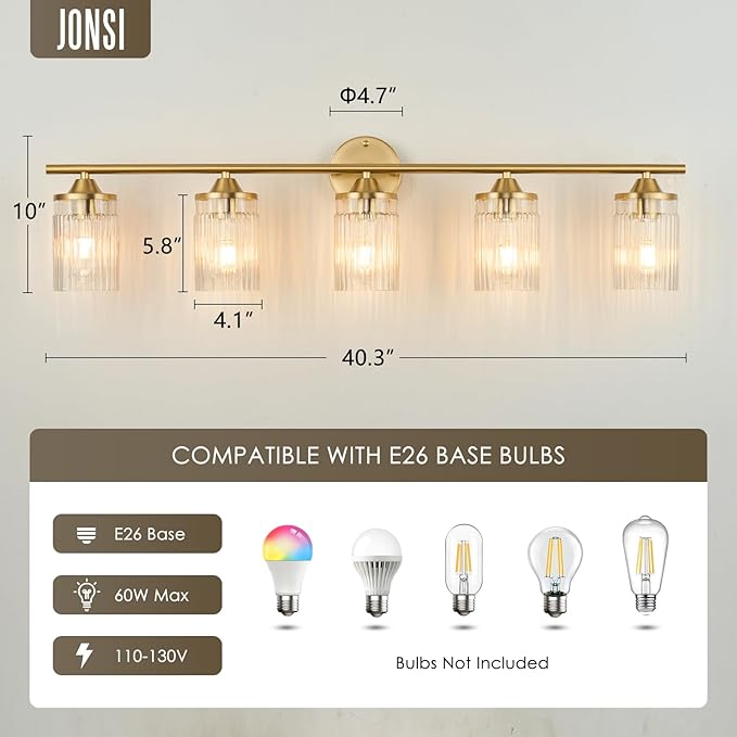 Jonsi Gold Bathroom Light Fixtures 5-Light Vanity Lights Modern Wall Sconce with Clear Glass Shade Brushed Brass Bathroom Light Fixture Over Mirror for Bedroom Hallway Kitchen
