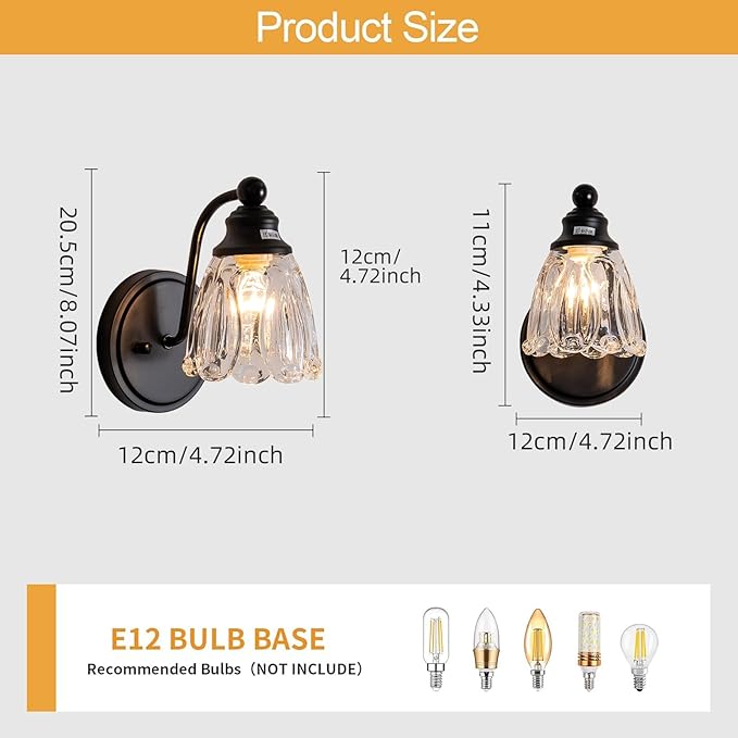 KSRYSZCQ Vintage Black Wall Sconce Set ot Two,Hardwired Matte Black Bathroom sconces Wall Lighting with Glass lampshape,E12 sconces Wall Decor Set of 2 for Living Room Porch Staircase Hallway Bedroom
