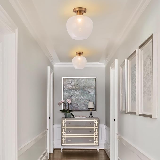 Glass Globe Semi Flush Mount Ceiling Light 9" Mid Century Modern Ceiling Light Fixture with Cloud Texture Glass Open Shade Gold Hallway Lights Fixtures for Entryway Foyer Bedroom Laundry Room