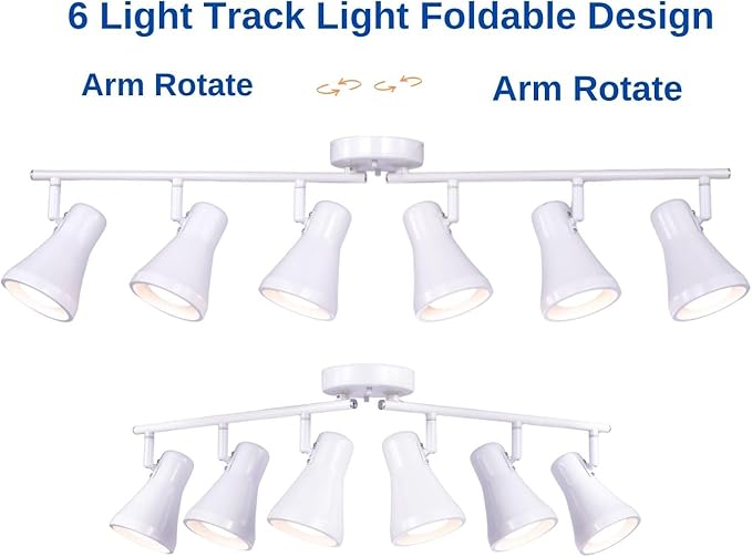 Foldable Track Lighting Fixtures, 6 Way Pivot Shade Ceiling LED Lights,Modern White Rotatable Bar Spotlight for Kitchen Island Hallway Dining Living Room Bedroom,E26 R20 Bulb Not Included