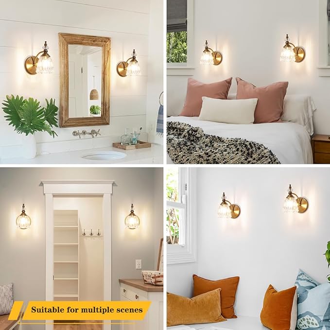 Brushed Antigue Brass Wall Sconces Set of Two, Hardwired Bathroom Vanity Light Fixtures, Vintage Sconces Wall Deco Set of 2, Glass Wall Lights for Bathroom, Bedroom,Hallway (Excludes G9 Bulb)