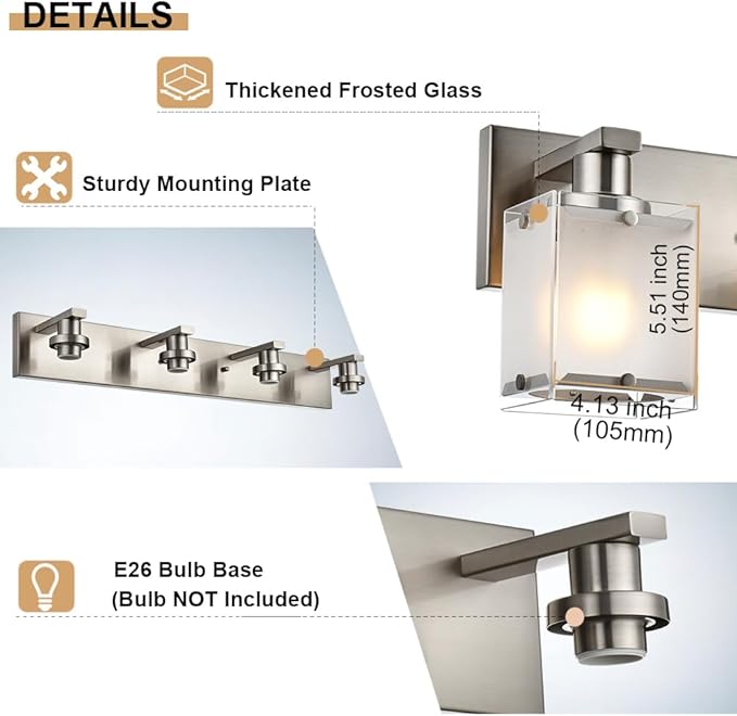 6-Lights Bathroom Vantiy Light Over Mirror, Modern Black Vanity Lighting Fixtures with Rectangular Frosted Glass Shades for Bath Kitchen Wall Mounted, E26 Bulb Base