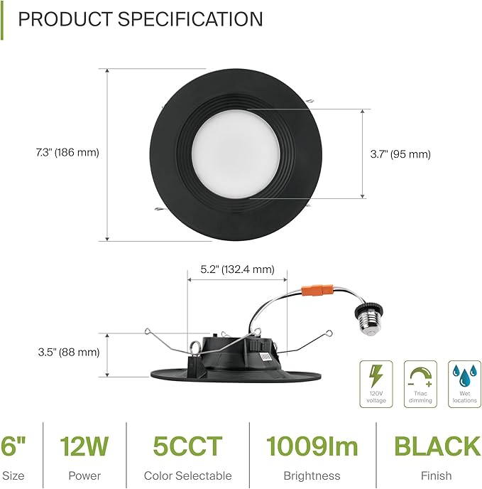 ASD Black Retrofit LED Recessed Lighting 6 Inch - 12W 2700K-5000K 1009LM Can Lights for Ceiling 6 Inch, Dimmable Black Recessed Lights, Baffle Trim Wet Rated Wafer Lights, UL